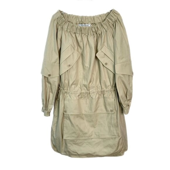 Max Mara Womens Twill Pleated Drawstring Dress With Patch Pockets Size 36 Khaki